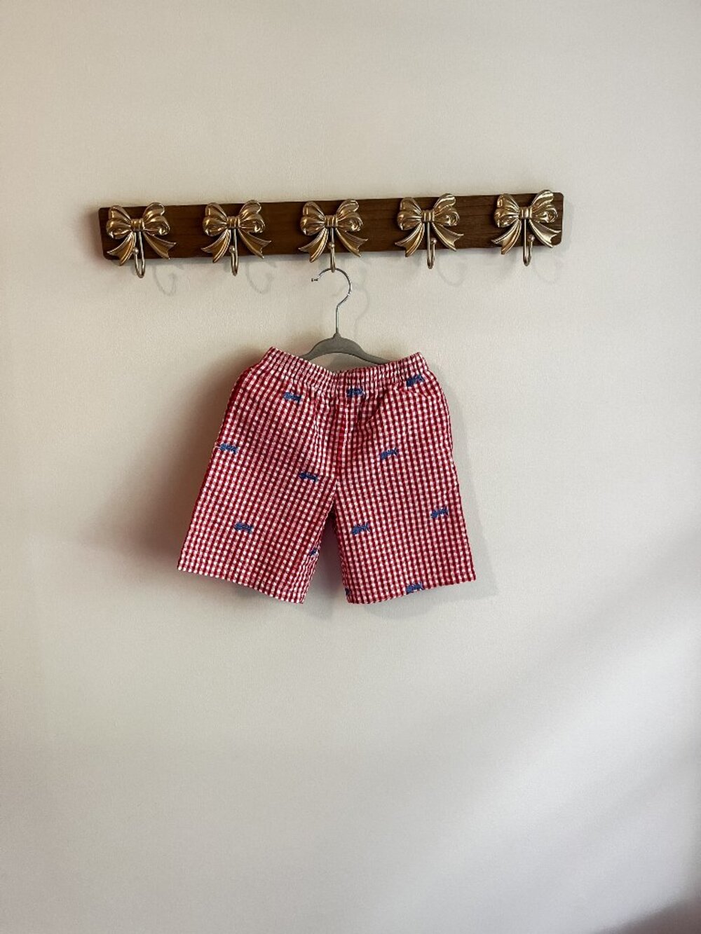 Kelly's Kids Boys Size 6-7 Red Gingham Shorts with Blue Bonefish Embroidery